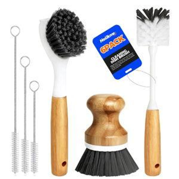 Holikme 6 Pack Dish Brush Kitchen Brushes with Bottle Brush, Dish Brush, Palm Scrub Brush and Straw Brush, Fruit Vegetable Cleaning Brushes, Long Handle for Skillet Wok Pot Pan Cast Iron, Dark Gray
