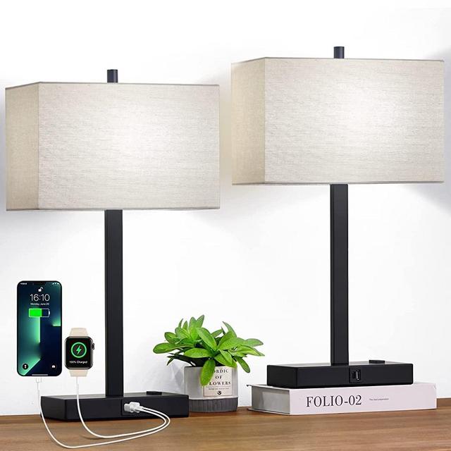 21" Set of 2 Touch Control Table Lamps with 2 USB & AC Outlets, 3-Way Dimmable Modern Nightstand Lamps for Bedroom Living Room Office Reading, Grey Shade Bedside Lamps, 5000K LED Bulbs Included.