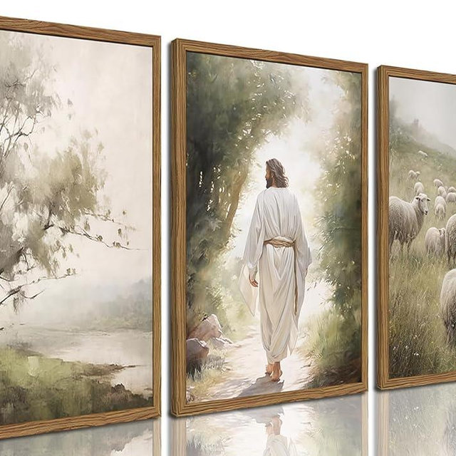 Framed Jesus Leaves the 99 Sheep Canvas Wall Art Set of 3, Christian Pictures Wall Decor, Jesus and Lost Lamb Painting Prints Religious Home Decor for Living Room Bedroom Church Prayer Room 12x16 inch