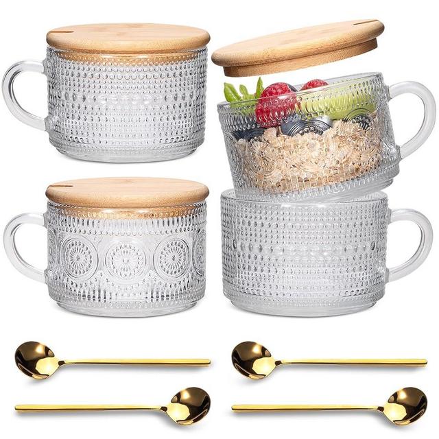 Xigugo Vintage Coffee Mugs 4pcs Set, Clear Embossed Tea Cups with Bamboo Lids and Spoons, 14 Oz Glass Coffee Cups, Cute Coffee Bar Accessories, Iced Coffee Glasses, Ideal for Cappuccino, Latte, Tea