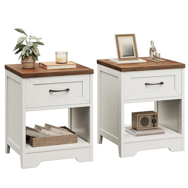 AODK Farmhouse Nightstand Set of 2, Rustic End Tables with Drawer & Open Storage, Wood Bedside Tables for Bedroom, Living Room, Vintage White& Walnut