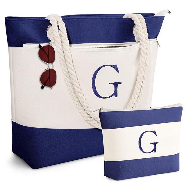YOOLIFE Beach Bags for Women - Initial Canvas Tote Waterproof Bag with Makeup Bag Gifts for Women Mom Friend Birthday Her