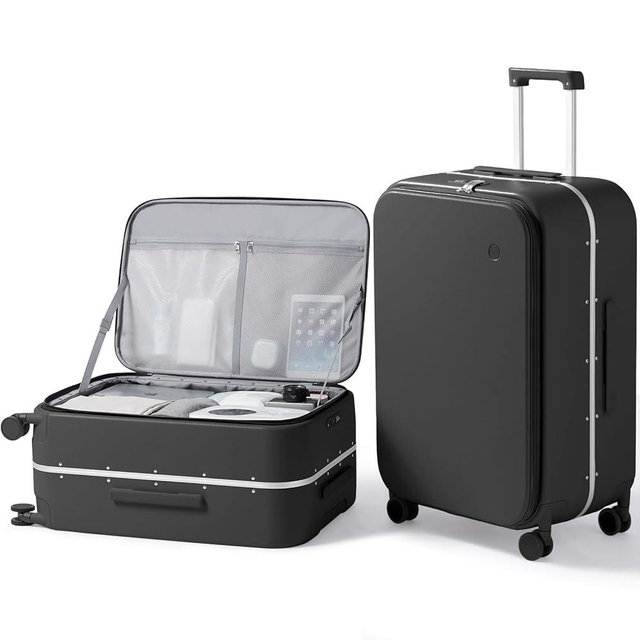 mixi 26 Inch Large Checked Luggage PC Hard Shell Suitcase Top Opening Aluminum Frame Travel Suitcases with Wheels, Black