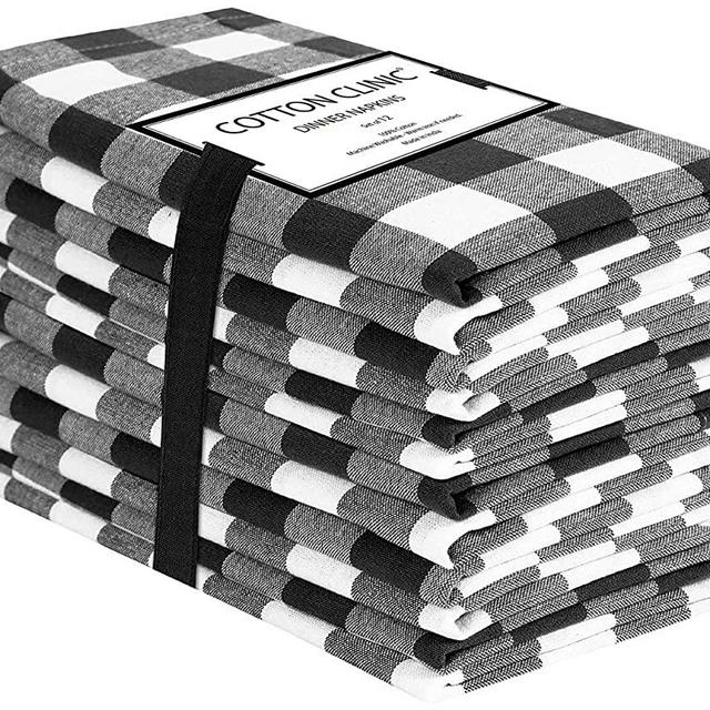Cotton Clinic 20x20 Gingham Buffalo Check Cloth Dinner Napkins Pack of 12, 100% Cotton Cocktail Napkins, Wedding Dinner Napkins with Mitered Corners and Generous Hem - Black White