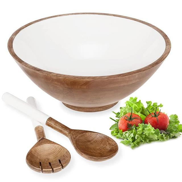 Wooden Salad Bowl with Tongs, Large White 12" Mango Wood Set with Servers for Salad, Pasta & Fruit