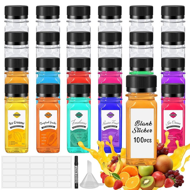 mzfoo 100 Pcs 2 oz Plastic Juice Bottles with caps 2 oz Shot Bottles Reusable Ginger Shots Bottle Small Leak Proof for Liquids Juice, Milk, Water