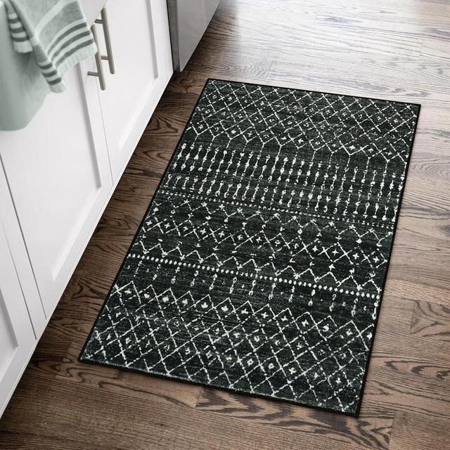 Beeiva Moroccan Washable Entryway Rug, Vintage 2x3 Rug Non Slip with Rubberback, Black Thin Geometric Small Rugs for Entryway Soft Low-Pile Throw Rugs for Kitchen Bathroom