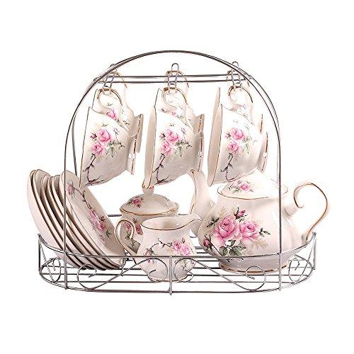 ufengke 15 Piece European Bone China Coffee Cup Set, Ceramic Porcelain Tea Cup Set with Metal Holder, Tea Gift Sets, Pink Camellia Painting