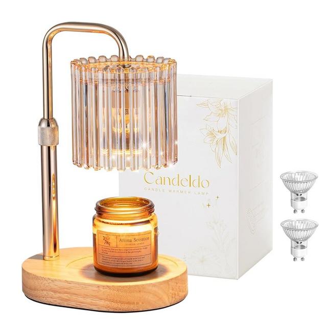 Candeldo Candle Warmer Lamp with Timer: Gold Candle Warming Lamp with 2 Bulbs Height Adjustable Wax Melt Warmer Dimmable Modern Bedroom Decor Gift for Women