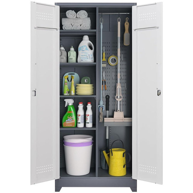 IRONFFICE Broom Storage Cabinet,Metal Cleaning Closet Cabinet,Cleaning Tool Storage Cabinet,Cabinet for Cleaning Supplies with Hanging Rod & S-Hooks,Broom Closet Cabinet for Office,Garage