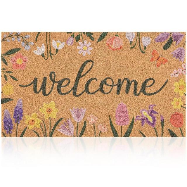 Fttoyoly Spring Door Mat with Wildflowers Border, Outdoor Indoor Welcome Mat for Front Door, Spring Decor Floral Style for Porch, Patio or Entryway, 17" x 29.5" (Welcome)