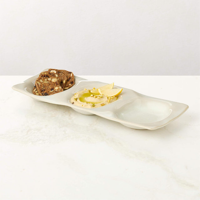 Drift Rectangular Ivory 3-Section Divided Serving Platter with Glossy Reactive Glaze