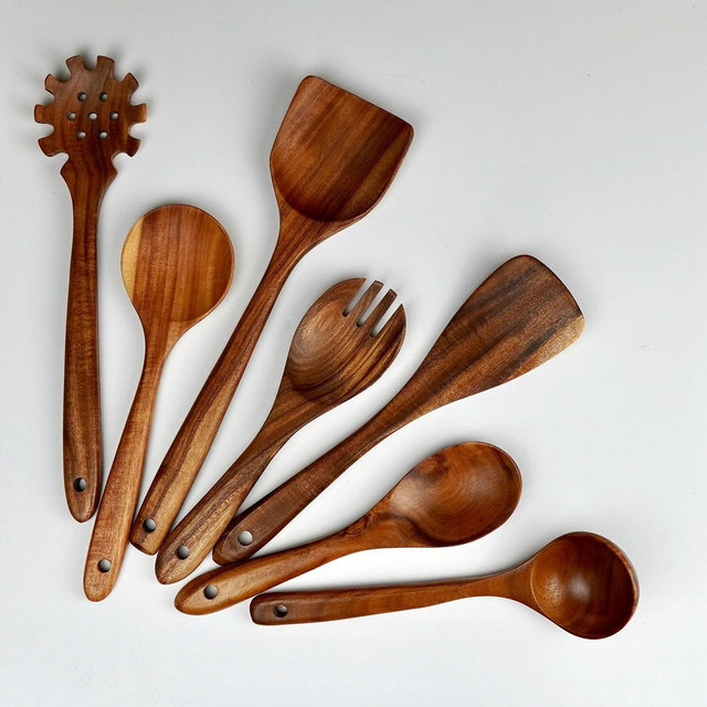 Wooden Utensil Set, 7 Piece Kitchen Utensil Set, Teak Wood Cooking Utensils, Plastic Free Kitchen Utensils, Cooking Essentials