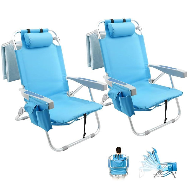 2 Pack Backpack Beach Chairs for Adults, Heavy Duty Compact Portable Lay Flat Folding Chair with Backpack Straps and Pocket, 5 Positions Aluminum Reclining Chair for Patio Outdoor,Support to 300LBS