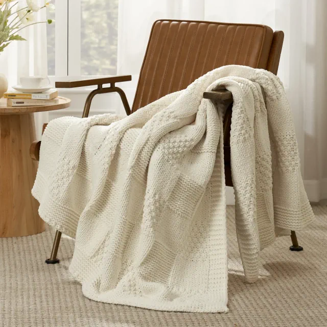 Amelie Home Chenille Knit Throw Blanket – Soft Checkered Texture for Sofa, Bed, and Living Room