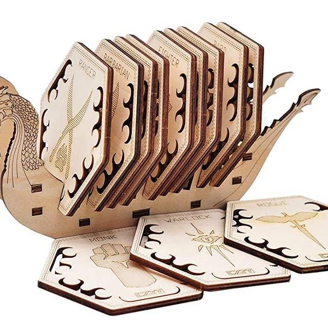 DND Class Coasters Set of 12 with Holder Hexagon Gaming Mug Mats Wooden Laser Engraved DND Classes Icons Gift for Dungeons and Dragons Fans, Game Master