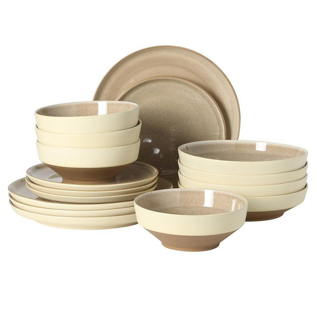Gibson Elite Octavia Place 16 Piece Stoneware Dinnerware Set, Service for 4, Coupe Modern Plates & Bowls, Reactive Glaze Finish, Taupe, Microwave & Dishwasher Safe