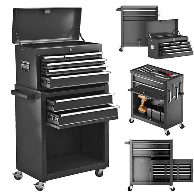 8 Drawer Tool Chest with 4 Wheels，High Capacity Rolling Tool Chest with Drawers，Removable Tool Box with 4 Wheels, Lockable Tool Storage Cabinet for Garage and Repair Shop (Cool Black)