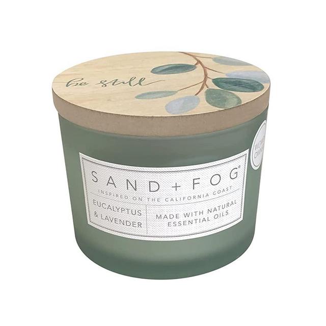 Sand + Fog Eucalyptus & Lavender Scented Candles | Made with Essential Oils | 2 Wicks - 100% Cotton Lead-Free | 12 oz | Wood lid Painted with "BE Still"