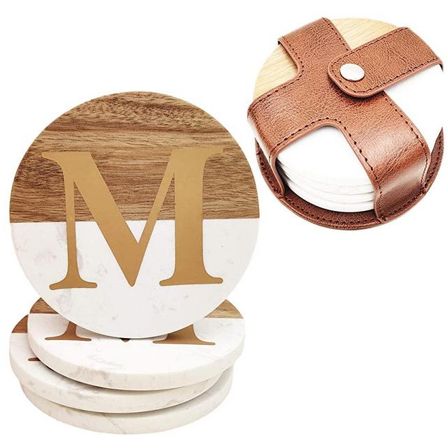 Wood and Marble Coasters with Leather Holder ，4Pcs White Coaster with Gold Initials for Office and Home Use, Perfect Monogram Gifting or Collecting, Capital Letter M