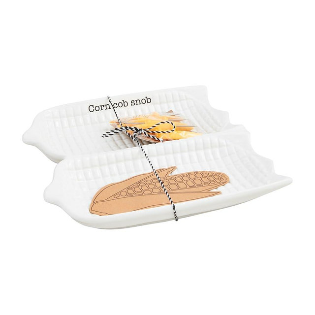 Mud Pie Ceramic Corn Platter Set; platter 9 3/4" x 9 1/2" | skewer 2 1/4"