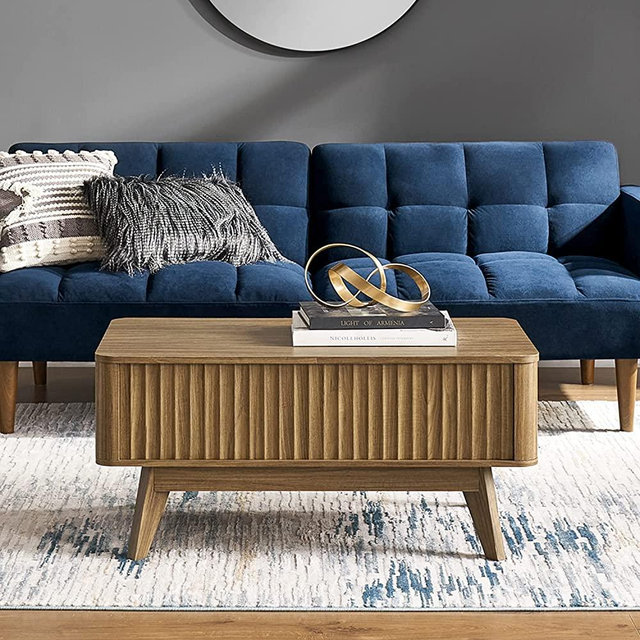 mopio Brooklyn Mid-Century Modern Lift Top Coffee Table, Waveform Panel with Hidden Storage, Sleek Curved Profile Lift Tabletop Dining Table (Natural Walnut, Coffee Table)