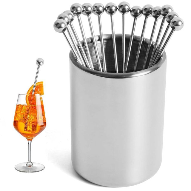 Metal Cocktail Picks 15Pack+Holder Kit, 304 Stainless Steel Cocktail Toothpicks, Reusable Cocktail Skewers, Garnish Picks Bloody Mary Skewers, Metal Martini Picks for Olives Appetizers Fruit