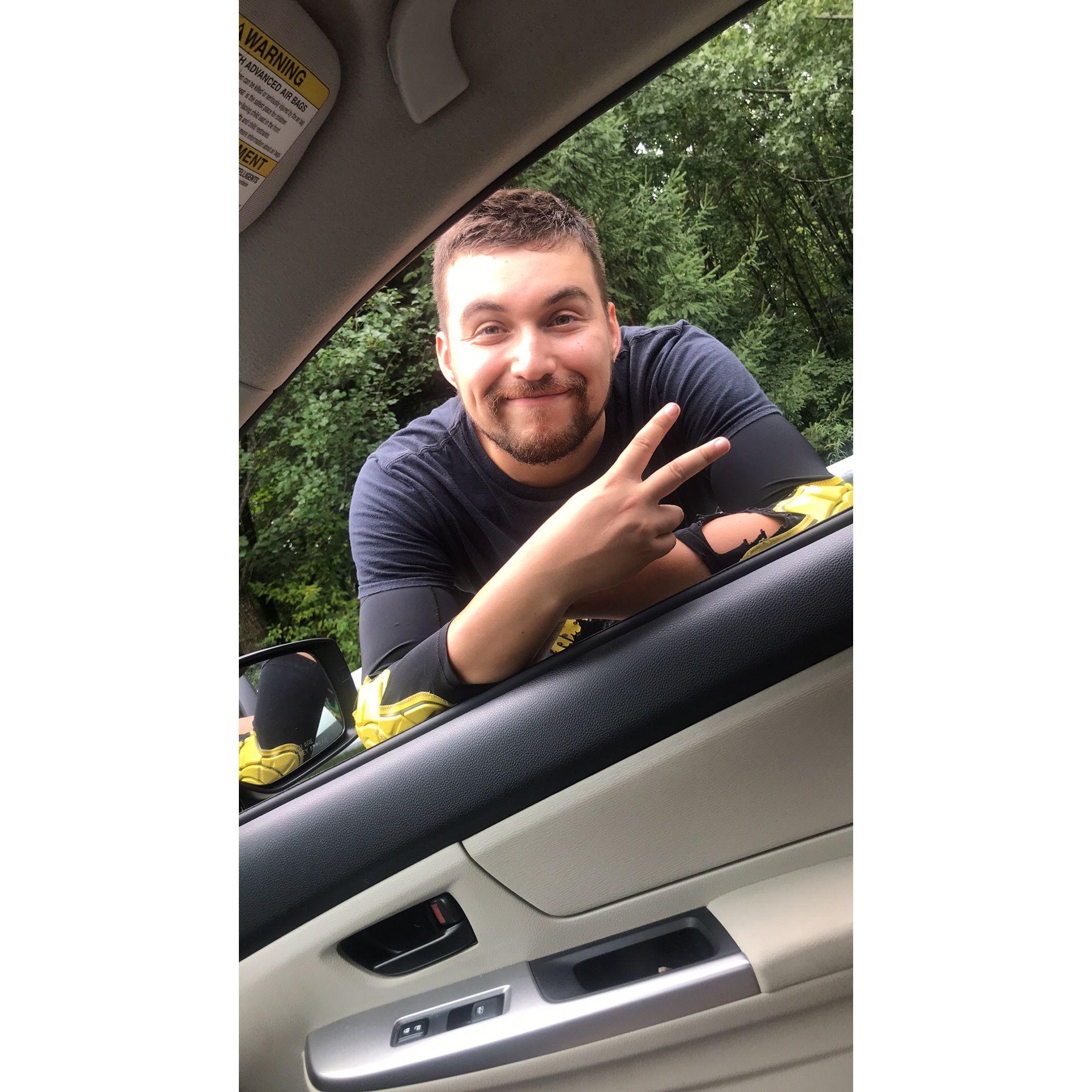 The first time Toni did "follow car" for Ricky and his friends as they introduced her to the nerve-wracking sport of "Downhill Skateboarding". Ricky promptly wiped out after this picture. 2018.