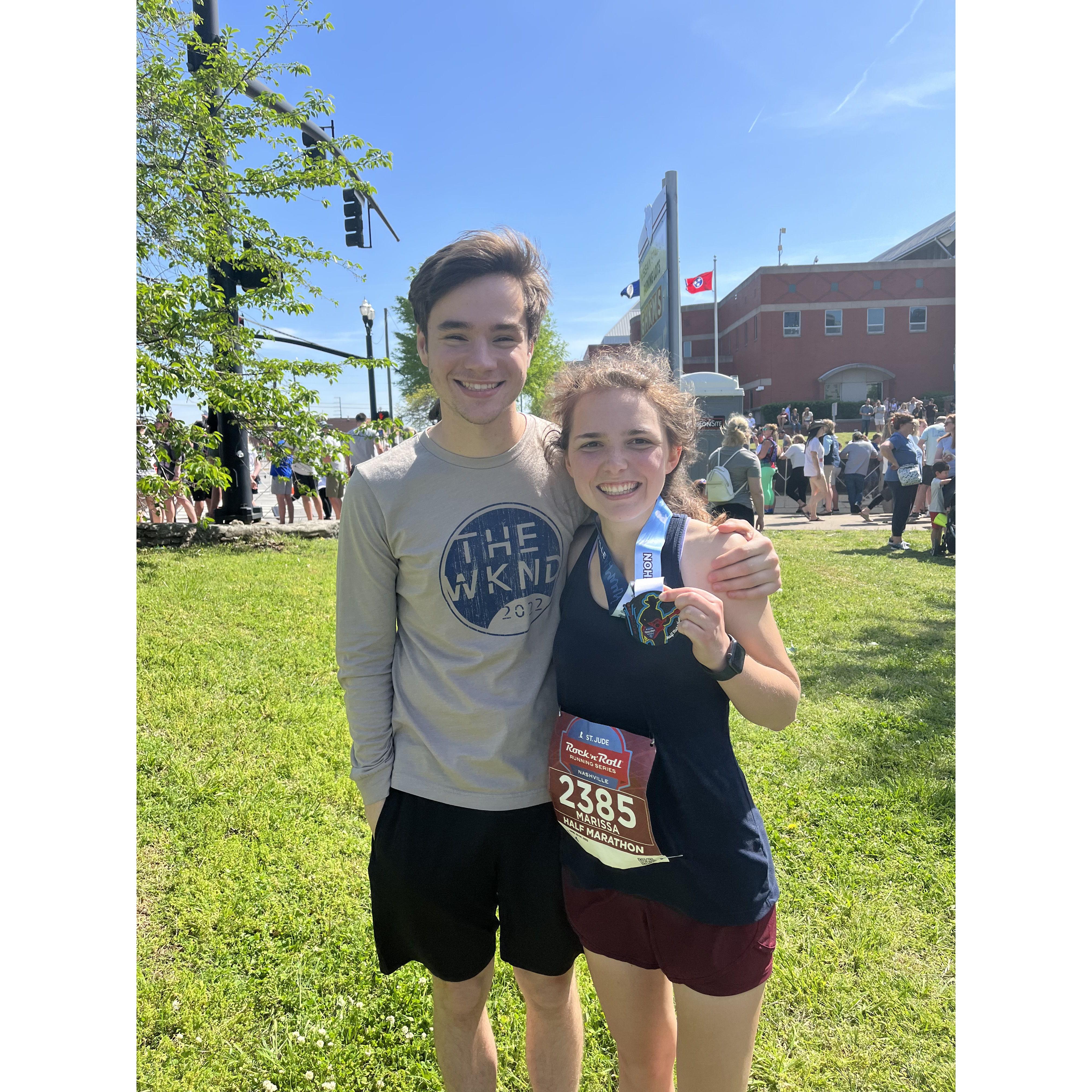 Caleb cheering for Marissa at the Music City Half Marathon (April 22)