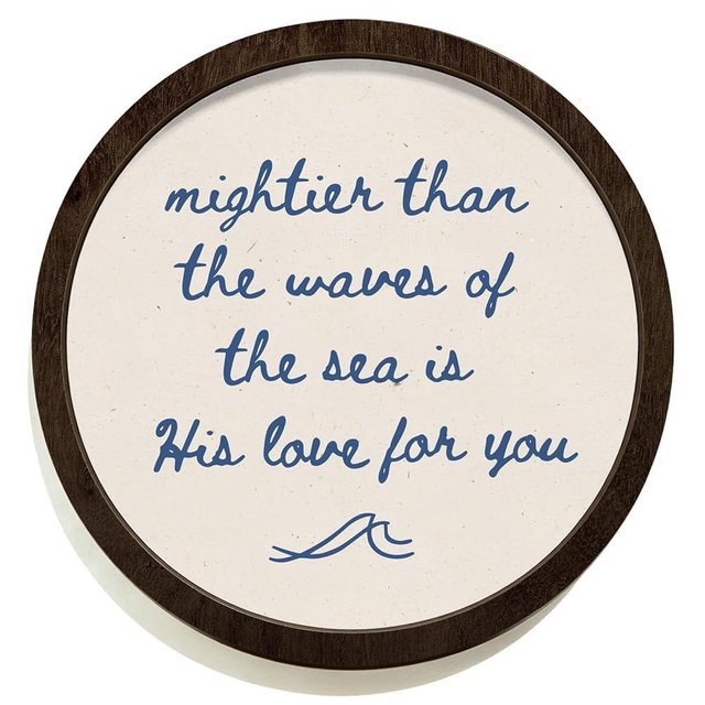 SkyCozy Vintage Christian Inspirational Wall Art Decor, Mightier Than the Waves of the Sea Bible Verse Scripture Round Wooden Hanging Wall Decor for Home Bedroom Living Room, 10x10 Inch