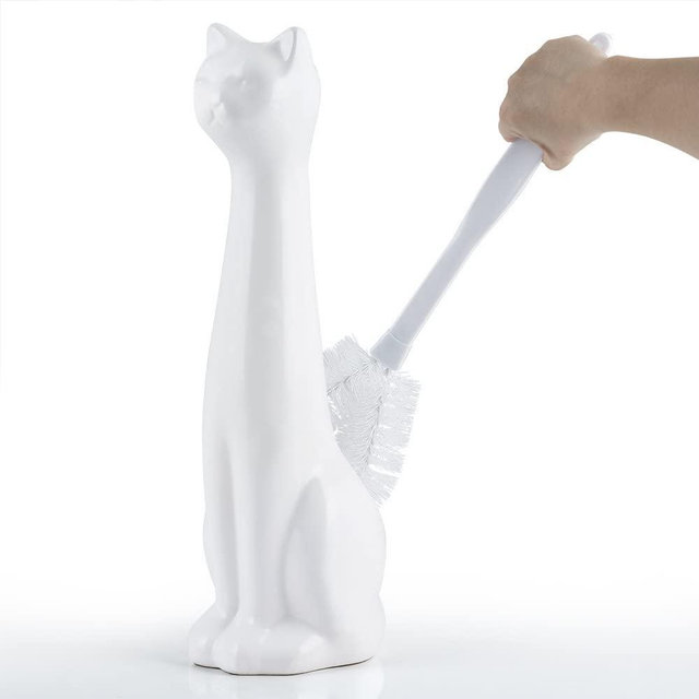 Allure Home Creation White Cat 2-Piece Toilet Brush Holder and Brush Set