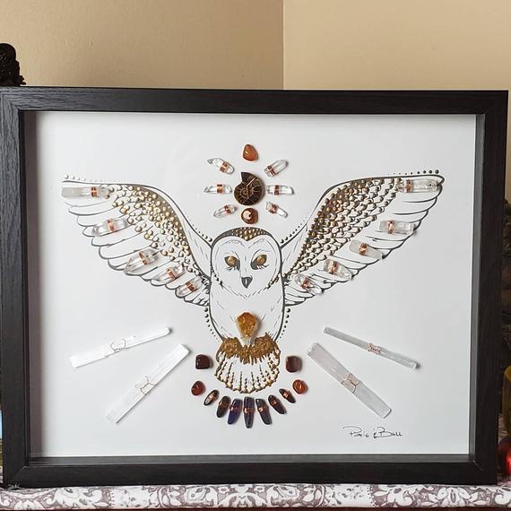 Crystal art, framed crystal art, owl art, owl, crystal grid, crystal decor, bird art, framed crystal grid, owl totem, spirit animal art