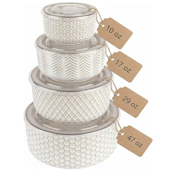 KooK Mixing Bowls, with Lids, Ceramic Nesting Bowls, Space Saving, Set of 4, Embossed, Kitchen, Prep, Stackable, Mix, Gift, Microwave and Dishwasher Safe, 10/16/29/47 oz, Narbonne Collection (Ivory)