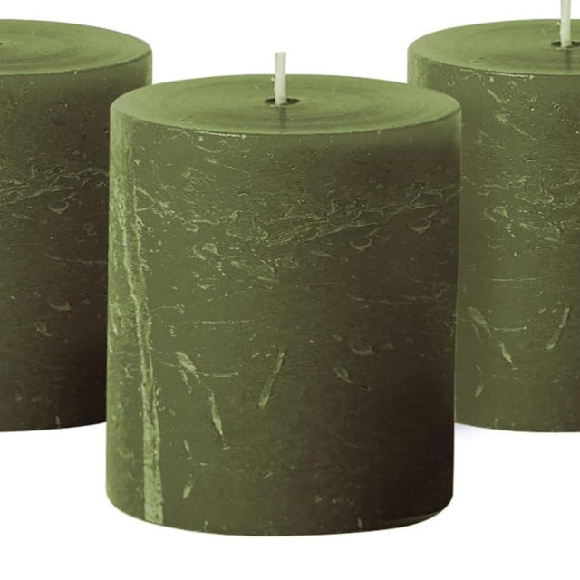 Simply Soson 3x3 inch Dark Moss Green Pillar Candles Set of 3, Rustic Texture, Unscented Green Candles, Dripless Candles, 3 inch Pillar Candles for Wedding Parties Spas Dinner Home Decoration Church