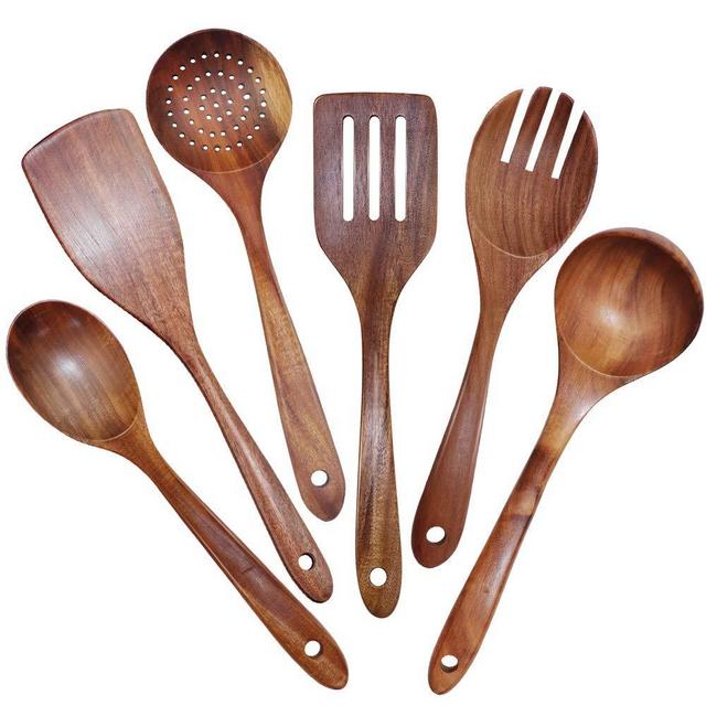 GEEKHOM Wooden Utensils Set of 6, Large Kitchen Cooking Utensil for Non Stick Cookware, Natural Teak Wood Spoons Spatula Ladle Colander, Durable Seamless Kitchen Tools