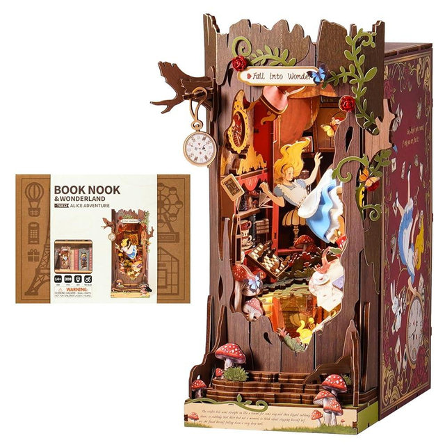 ROBOTIME Book Nook Kit, Fairy Tale Princess DIY Miniature House Kit, Fall into Wonder 3D Wooden Puzzle Bookends, Tiny House Bookshelf Decor Creative Decorative Unique Gifts for Adults & Teens
