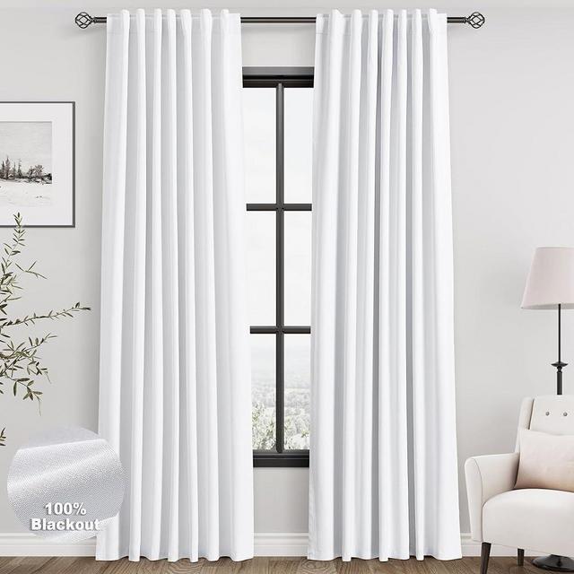 Full Blackout Linen White Curtains 90 Inches Long for Living Room Patio Sliding Door Back Tab 100% Black Out Bedroom Curtains Bright White Boho Elegant Modern Cosatal Window Curtain Panels Set of 2