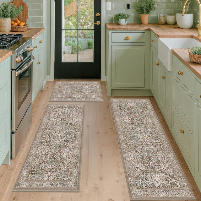 JTJ Washable Kitchen Rug Set of 3, Non-Slip Low Pile Mats in Calming Neutral Tones, Elegant Vintage-Inspired Pattern for Sink Areas, Laundry Room and Cozy Home Décor