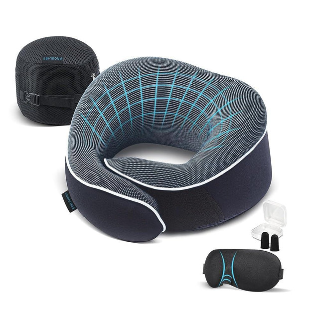 Proglobe Orthopedic Neck Pillow Travel Neck Pillows for Airplanes, Memory Foam Kit, Updated Resting Material, Airplane Travel Set with 3D Contoured Eye Masks, Earplugs, and Luxury Mesh Bag (Blue)