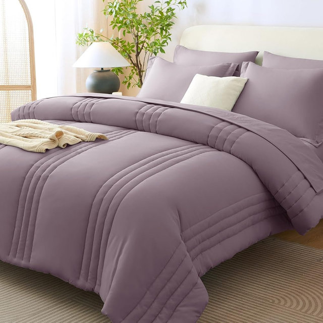 CozyLux Queen Comforter Set Dusty Purple - 7 Pieces Bed in a Bag, Modern Vertical Quilted Room Decor, Soft All-Season Bedding Gift with Comforter, Sheets, Pillowcases & Shams