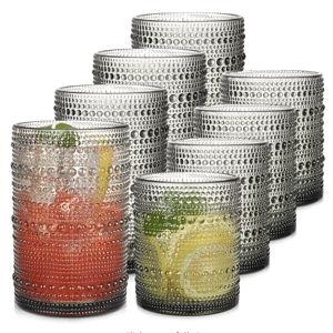 Gray Hobnail Drinking Glasses Set of 8，15 oz Vintage Highball Glassess & 12 oz Cocktail Glasses，Drinkware Kitchen Glasses for Cocktail, Iced Coffee, Beer, Ice Tea, Wine, Whiskey, Water