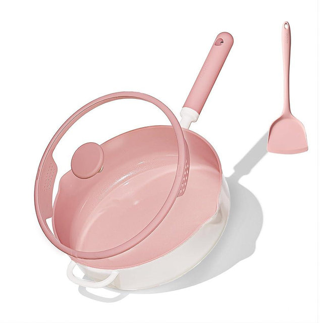 CAROTE 11 Inch Nonstick Deep Frying Pan with Lid, 5 Qt Chef Saute Pan with Pour Spout, Skillet Induction Cookware, Non Stick Cooking Pan Kitchen Pan, Healthy & PFOA/PFAS Free, Includes Spatula, Pink