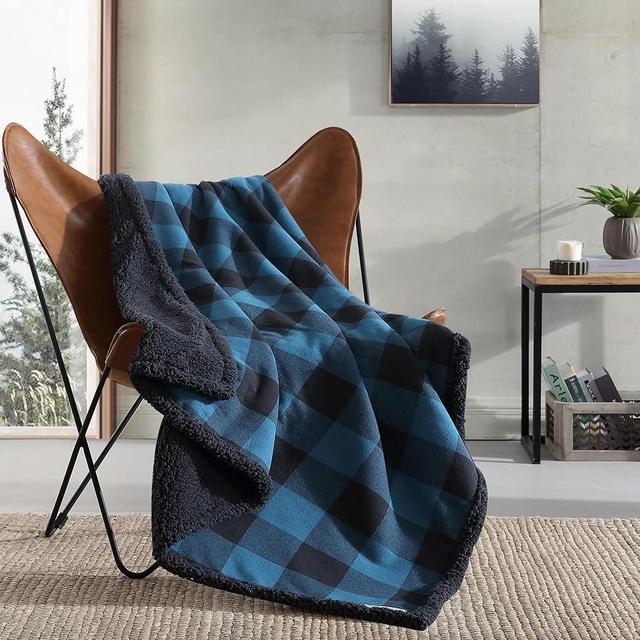 Eddie Bauer - Throw Blanket, Reversible Sherpa Flannel Bedding, Buffalo Plaid Home Decor for All Seasons (Cabin Plaid Blue, Throw)