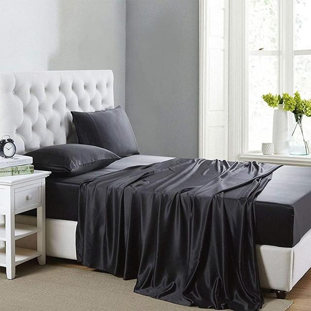 Lanest Housing Silk Satin Sheets, 4-Piece California King Size Satin Bed Sheet Set with Deep Pockets, Cooling Soft and Hypoallergenic Satin Sheets Cal King - Black