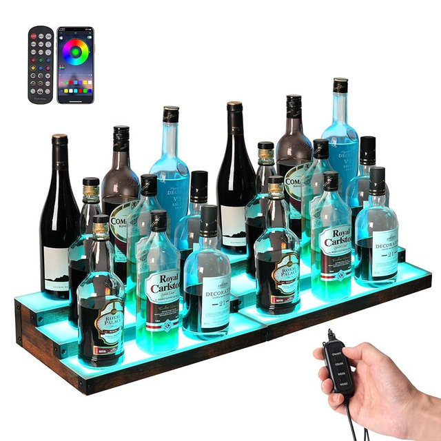 2-Pack 16‘’ LED Lighted Liquor Display, 3-Tier 30Inch Total Bar Shelves for Liquor Bottle, Illuminated Home Bar Shelf with RF & App Control, 7 Colors, Music Sync& 1-4H Timming, Light-Up Whiskey Rack