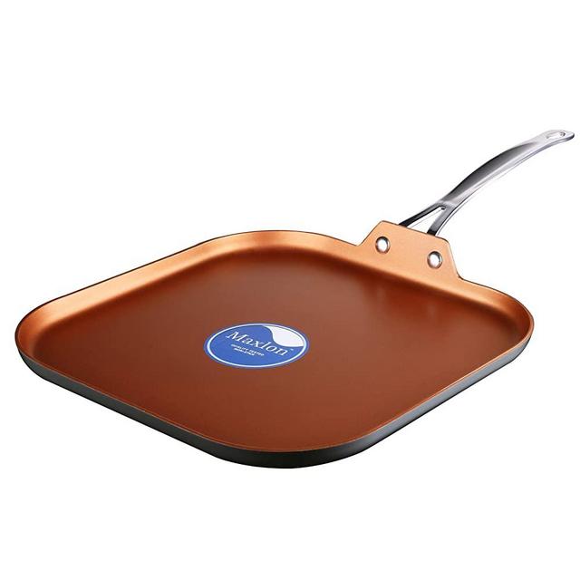 COOKSMARK 11 Inch Copper Griddle Nonstick Shallow Square Grill Pan, Flat Griddle Pan with Stainless Steel Handle, Lightweight Griddle Pan, Induction Compatible Grill Pan, Oven Safe and Dishwasher Safe