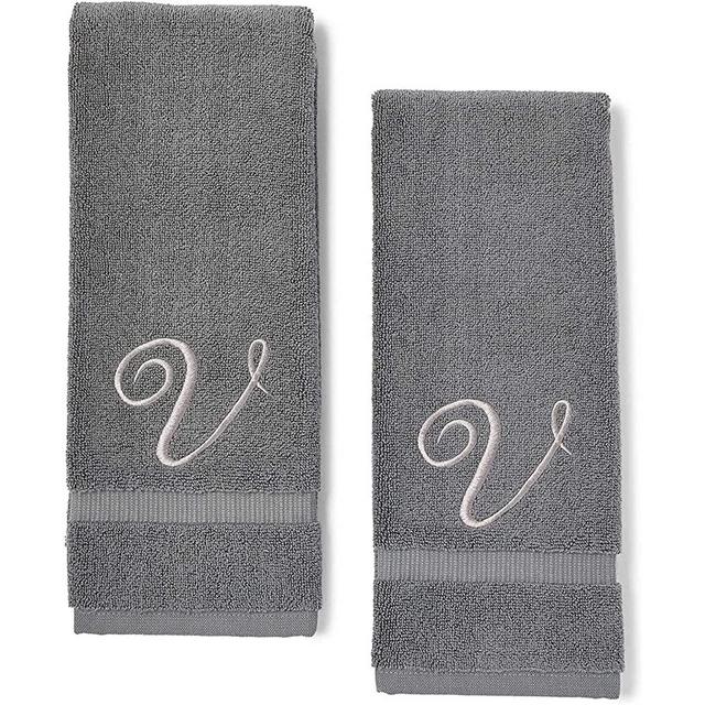 Monogrammed Hand Towels, Letter V Embroidered Gift (16 x 30 in, Grey, Set of 2)