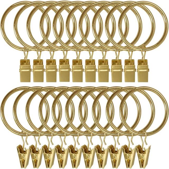 LLPJS 20 Pack Metal Curtain Rings with Clips, Curtain Clip Rings Hooks for Hanging Drapery Drapes Bows, Curtain Rod Rings 1.5 inch Interior Diameter, Gold
