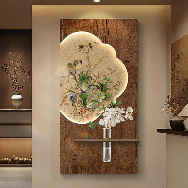3d Wall Decor Sandstone Art with LED Lights, Modern Green Plant Wall Decor with Vase, Hanging Sculpture Mural for LivingRoom, Entryway, Hallway(Brown4,40 * 80cm/15.7 * 31.4in)
