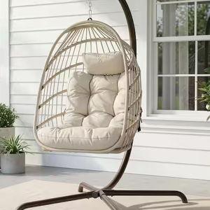 FINCATI Outdoor Foldable Beige Wicker Egg Porch Swing Chair with Steel Stand and Beige Cushion for Patio HD-EC-BE-NRT-0016S